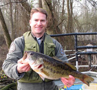 Chad Thomas, a fisheries supervisor for the N.C. Wildlife Resources Commission, holds a largemouth bass in excel¬lent condition collected from a North Carolina coastal river.