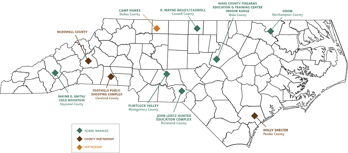 Map of North Carolina Showing Shooting Ranges by County